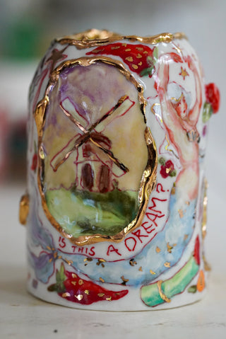 "Wind Mill, Kitty, Cherries" Vase 4.8" Tall