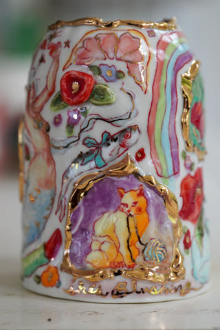 "Wind Mill, Kitty, Cherries" Vase 4.8" Tall