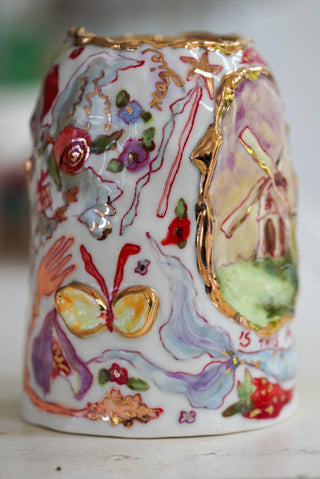 "Wind Mill, Kitty, Cherries" Vase 4.8" Tall