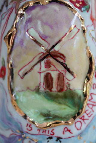 "Wind Mill, Kitty, Cherries" Vase 4.8" Tall