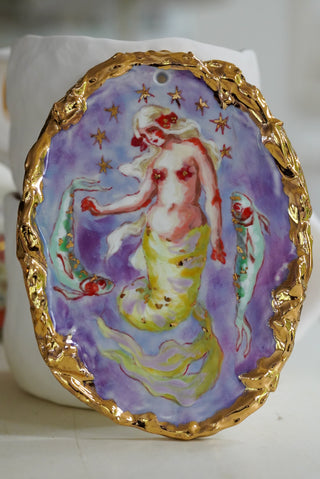 "Mermaid and Two Fish" Porcelain Painting 6.4" x 4.8"