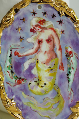 "Mermaid and Two Fish" Porcelain Painting 6.4" x 4.8"