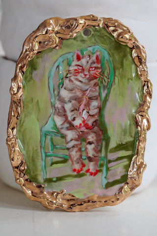"Kitty on Chair" Porcelain Painting 4.9" x 3.6"