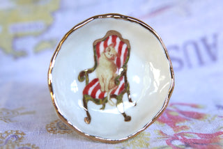 “White Kitty on Striped Chair” Small Trinket Dish