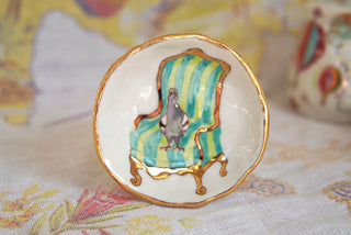 “Pigeon on Striped Chair” Small Trinket Dish