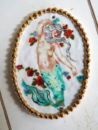 "Siren with Beaded Frame" Porcelain Painting