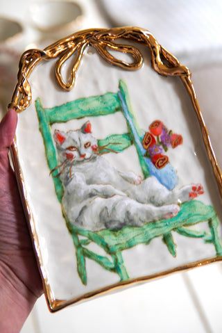 "Kitty on Turquoise Chair" Porcelain Painting